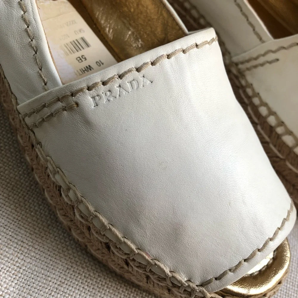 Prada Espadrille Sandals Platform White Leather US 5